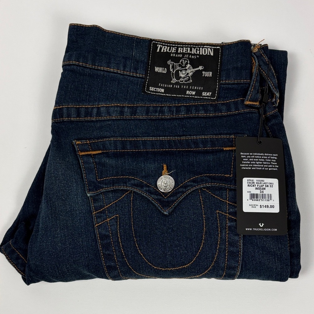 True Religion Ricky Flap Jeans Mens 34x32 Relaxed Straight Dark Wash - Picture 14 of 14